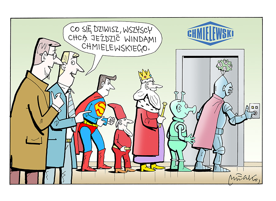 Wszyscy chcą jeździć windami Chmielewskiego Rysunek wszyscy chcą jeździć windami Chmielewskiego